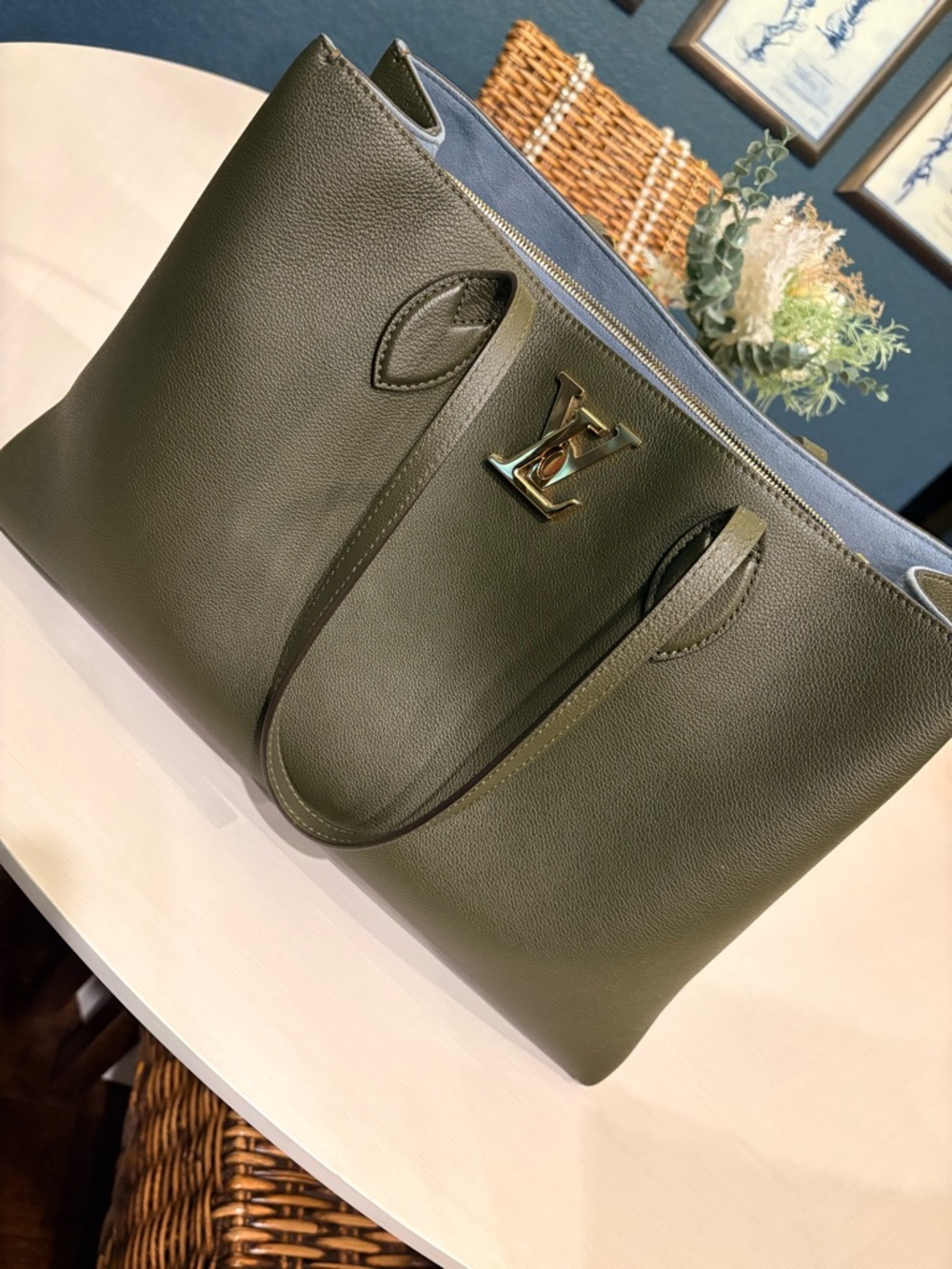 Louis Vuitton LOCKME Olive Green Leather Tote with Gold LV Accent